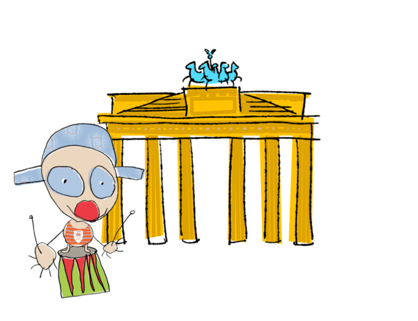 Illustration zur musikalischen Früherziehung in Berlin, mit einem Clown vor dem Brandenburger Tor